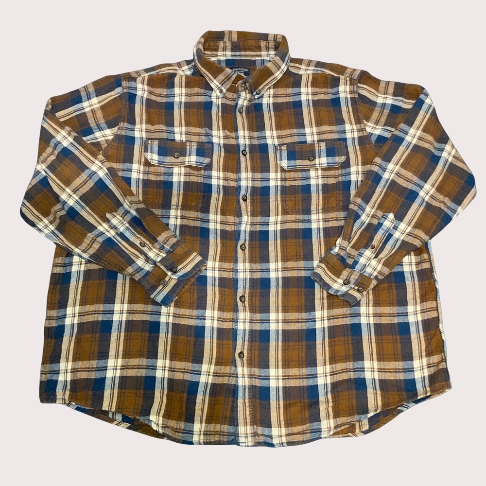 Faded Glory 100% cotton Shirt Button Down Mens XL 46-48 Brown/White Flannel